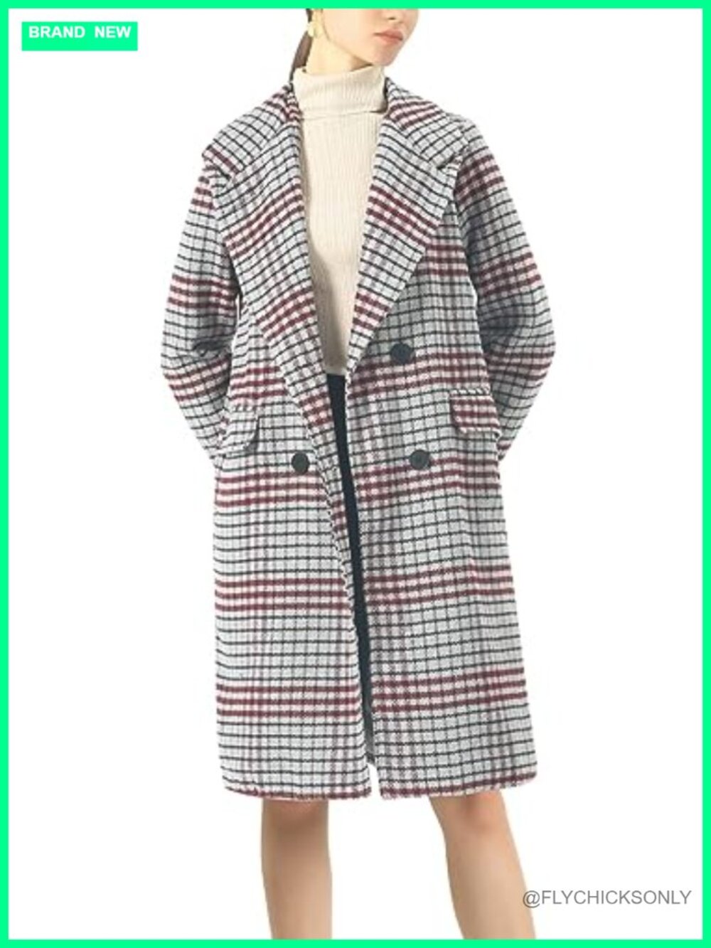 Wool Blend Double Breasted Plaid Trench Coat Notched Collar Knee Length